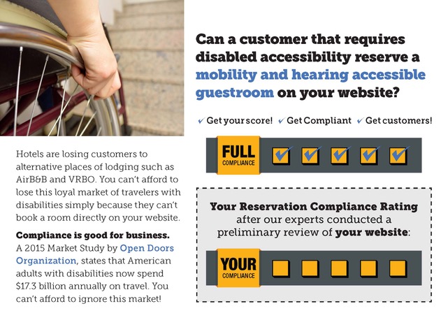 Can a customer that requires disabled accessibility reserve a mobility and hearing accessible guestroom on your website? Get your score! Get compliant. Get customers! Hotels are losing customers to alternative places of ledging such as AirB&B and VRBO. You can't afford to lose this loyal market of travelers with disabilities simply because they can't book a room directly on your website. Compliance is good for business. A 2015 Market Study by Open Doors Organization, states that American adults with disabilities now spend $17.3 billion annually on travel. You can't afford to ignore this market!