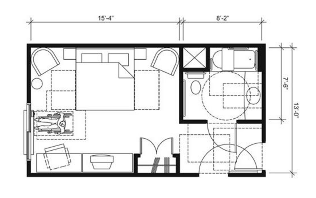 A wheelchair ADA-compliant hotel room blueprint with length and width measurements